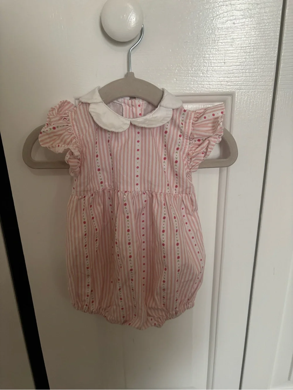 bella bliss Pink and White Striped Bubble Romper with Scallop Collar